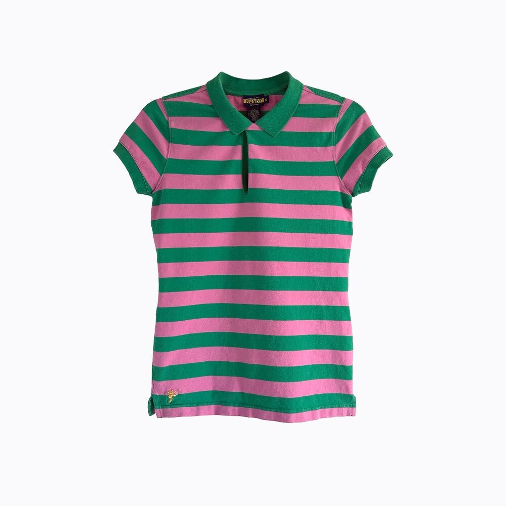 Vtg Ralph Lauren Rugby Striped Polo XS Pink Green Kicker Logo Y2K Preppy Classic